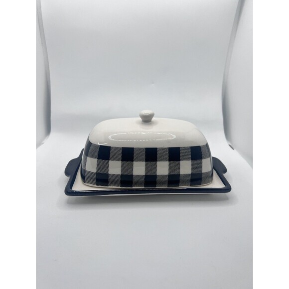 Hobby Lobby Black White Buffalo Checkered Butter Dish Lid Tray Ceramic - Picture 2 of 12
